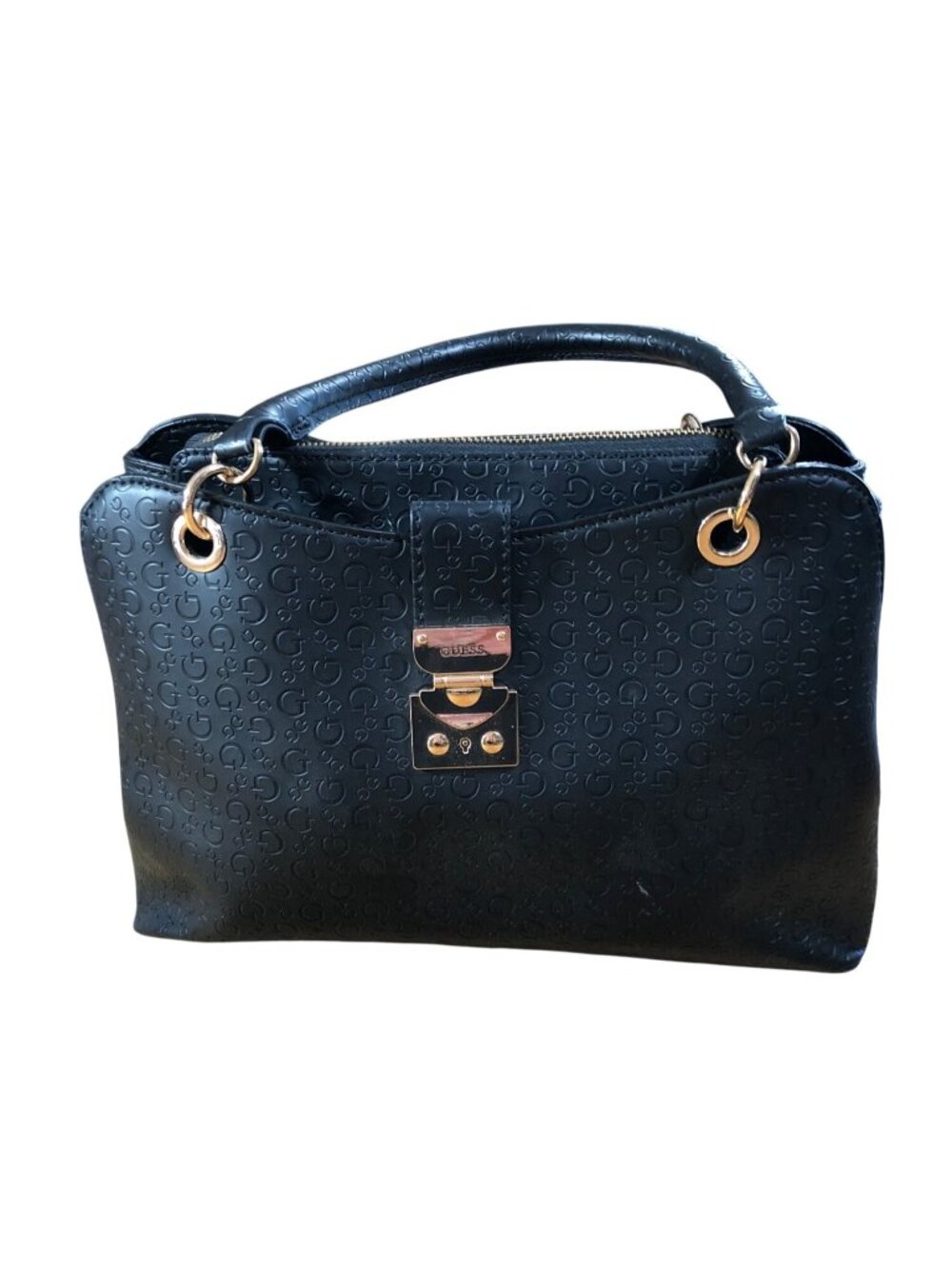 Guess Black Handbag Embossed Logo Faux Leather Purse Gold-Tone Hardware Handles